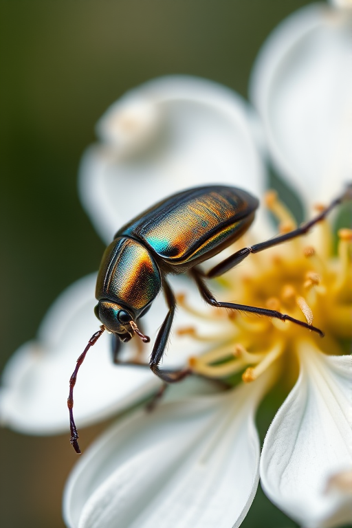 Close-up macro shot of a metallic beetle on a blooming white flower, captured with a Canon EOS 5D Mark IV, 100mm f/2.8L macro lens, aperture f/2.8, shutter speed 1/250s, ISO 100, natural light, focus on the beetle with a blurred background for enhanced depth of field.