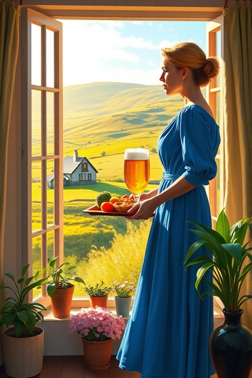 In "A Glass of Beer on the Highland," a serene scene is depicted in a sunlit room where a woman in a vibrant blue dress stands by a large window. She holds a tray with a hearty meal and a frothy glass of beer, embodying a moment of relaxation. Outside, the breathtaking highland landscape features rolling green hills and a charming traditional house, all bathed in warm afternoon light. The interior is adorned with potted plants, creating a harmonious blend of comfort and nature. The painting beautifully captures the tranquility and joy found in simple pleasures amidst stunning scenery
