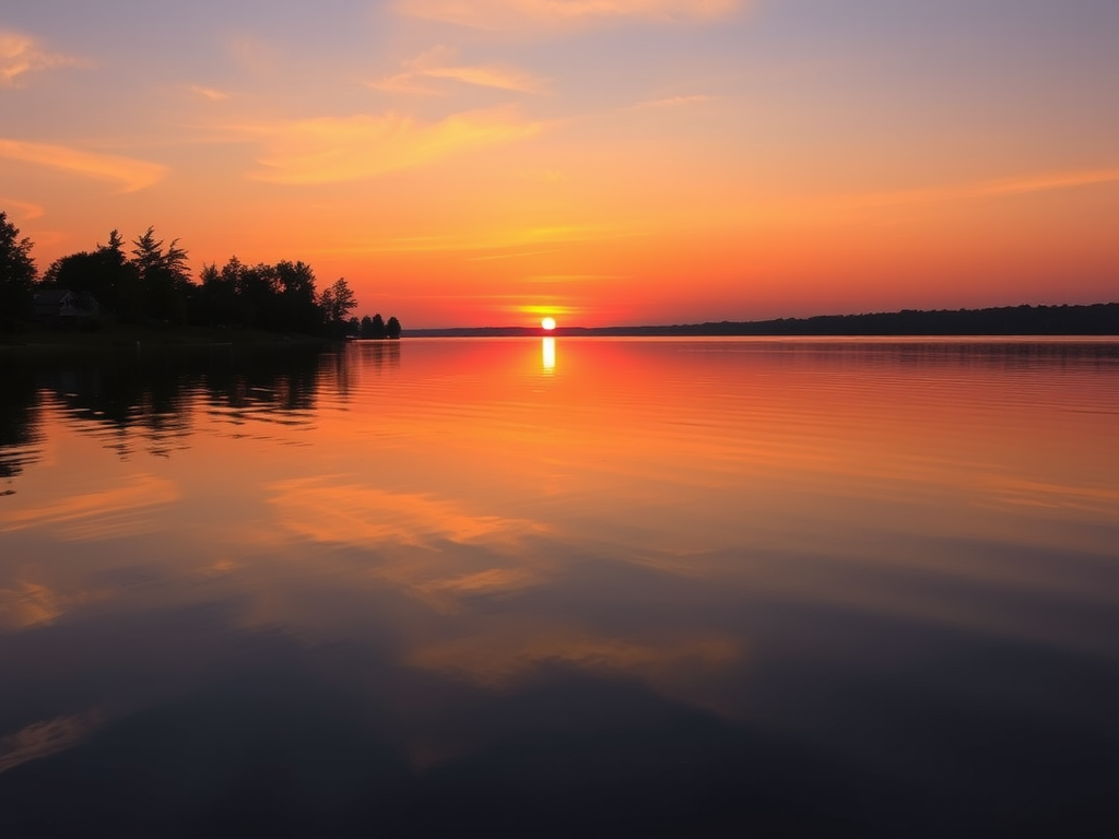 Generate a high-resolution image of a sunset over a serene lake, with vibrant colors reflecting on the water, using a DSLR camera with a 50mm f/1.8 lens, aperture set to f/11, ISO 100, 1/200 sec shutter speed, and a landscape orientation.