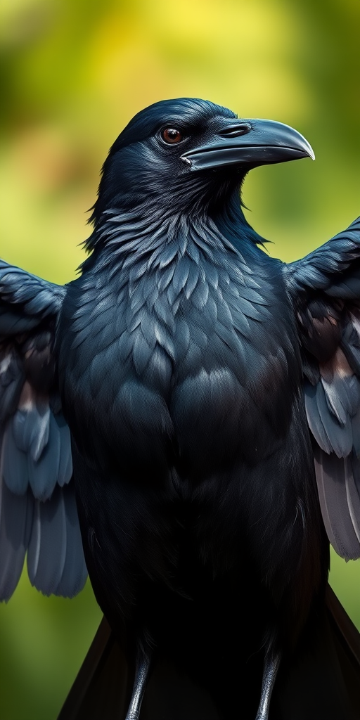 Create a highly detailed illustration of a raven with outstretched wings, emphasizing glossy black feathers and intricate textures, using a 50mm lens at f/2.8 for shallow depth of field, capturing in natural light with a DSLR camera, ensuring high resolution and vibrant color contrast.