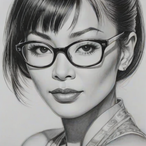 Stunning Bai Ling, pencil sketch, portrait of Appealing woman 1935s in glasses, hair style beatnik, outline, clear lines, fine lines, 8k