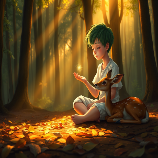 A luminous digital painting of a serene forest scene featuring a barefoot young male, about 7 years old, with green hair and fair skin, dressed in a simple white outfit. He sits cross-legged on the forest floor, gazing at a small, glowing, magical firefly in his hand. Beside him, a delicate spotted deer lies calmly on a bed of dried leaves, observing the scene. The dense forest is bathed in warm, golden light filtering through the trees, creating a peaceful, magical atmosphere with a blend of natural and mystical elements.
