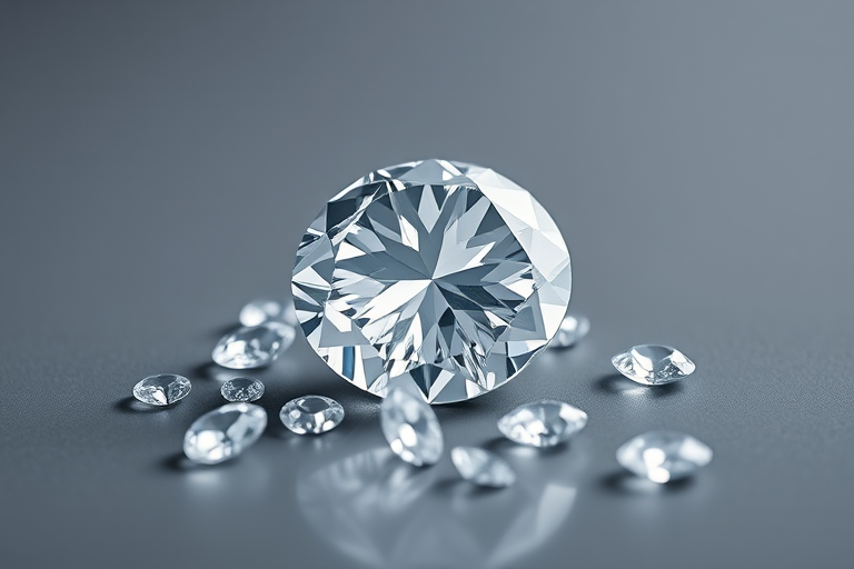 Create a hyper-realistic image of a large, cut crystal diamond surrounded by smaller diamonds on a smooth gray surface, with soft lighting to enhance reflections, captured with a Canon EOS R5, 50mm lens, f/1.8 aperture, ISO 100, and a shallow depth of field for a polished aesthetic.