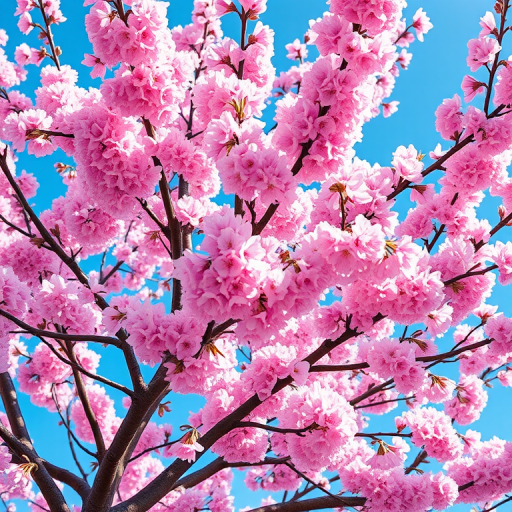 a detailed illustration of a blooming cherry blossom tree in full pink bloom with a clear blue sky in the background, 50mm lens, f/2.8 aperture, ISO 100, shot from a low angle to emphasize the height and grandeur of the tree, digital photography style, high resolution