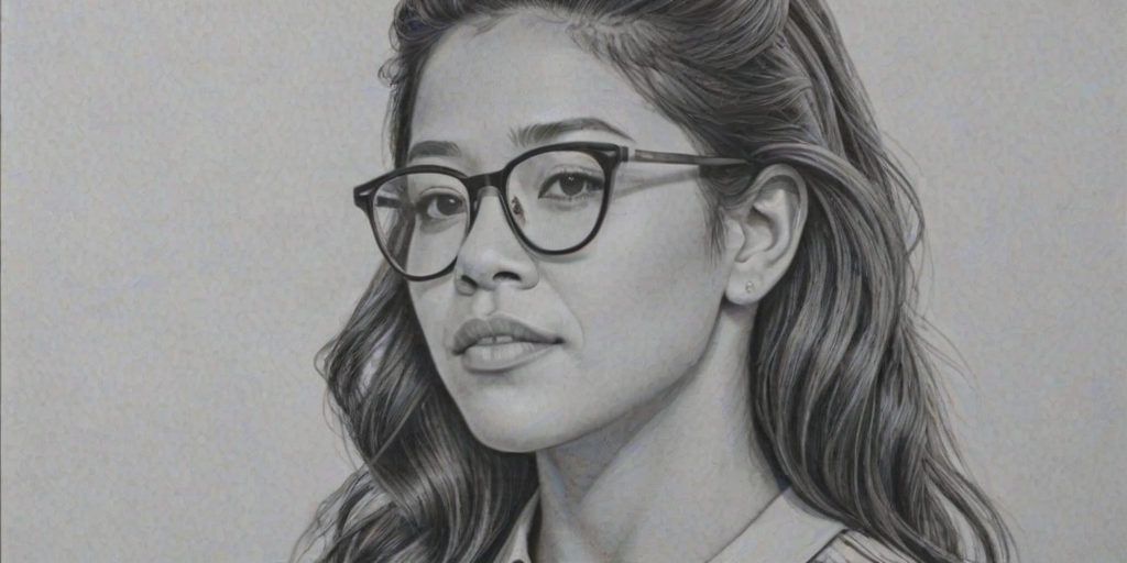 Stunning Gina Rodriguez, pencil sketch, portrait of Resplendent woman 1957s in glasses, hair style beatnik, outline, clear lines, fine lines, 8k