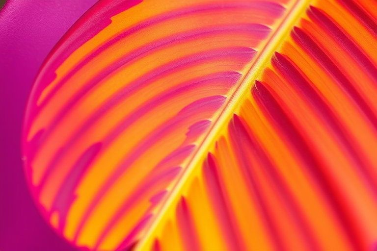 Create a vibrant and stylized illustration of a tropical leaf with a blend of purple, yellow, and orange hues, using a Canon EOS R5 camera with a 50mm lens, aperture set to f/2.8, ISO 100, in natural light for high detail and rich color contrast, capturing a close-up view to emphasize texture and vibrant colors.