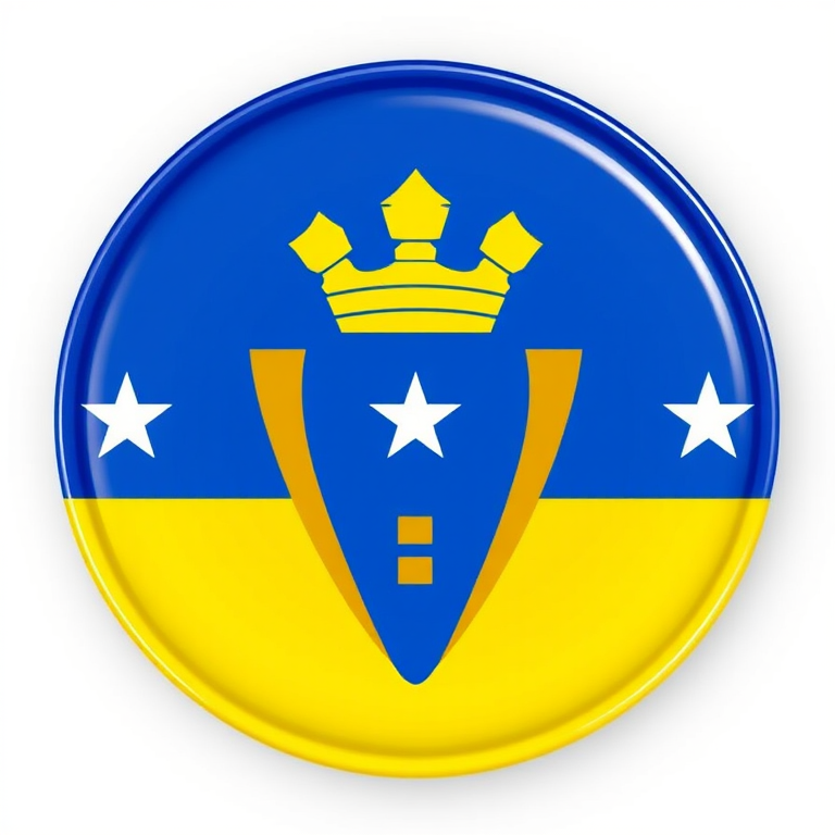 Create a high-resolution image of the Barbados flag in a 3D circular badge design, using a Canon EOS R5 camera with a 50mm f/1.2 lens, aperture set to f/2.8, ISO 100, natural lighting, and a slight vignette effect to enhance depth.