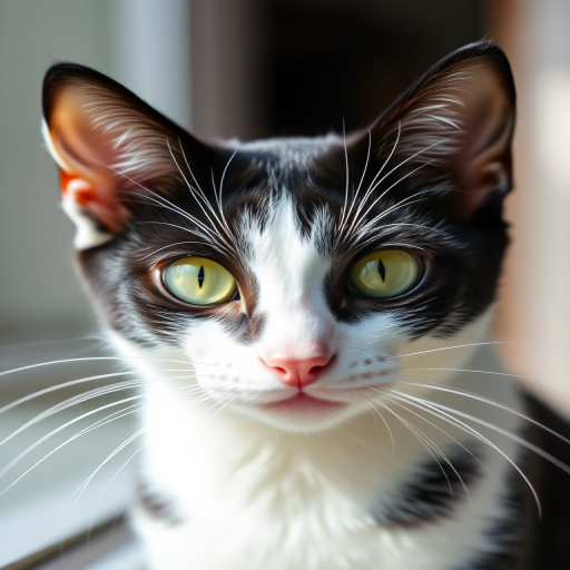 a portrait of a black and white cat with striking green eyes, shot in natural light using a DSLR camera, 50mm lens, aperture f/1.8, ISO 200, shallow depth of field, vibrant colors, focus on the eyes, slightly blurred background