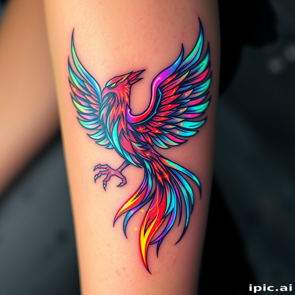 Futuristic holographic tattoo showcasing a cybernetic phoenix rising from digital flames, rendered with specially formulated inks that shimmer and change color under different lighting conditions