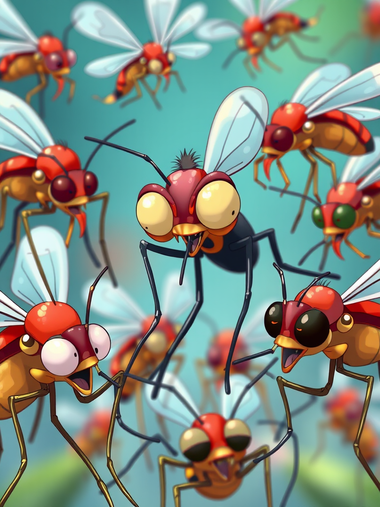 Create a highly detailed illustration of cartoonish mosquitoes with exaggerated features and expressions, focusing on vibrant colors and dynamic poses, using a DSLR camera at f/2.8, ISO 100, 50mm lens, and in high-resolution with a close-up view for enhanced clarity.
