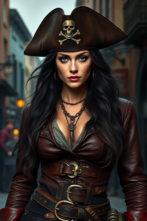 Create a portrait of a fierce female pirate. She wears a leather tricorn hat adorned with a skull and crossbones emblem, and her long, dark hair flows around her face. Her outfit consists of a richly detailed leather jacket, a corset, and multiple layers of belts and accessories, giving her a formidable and stylish appearance. She stands confidently in a dimly lit, historic port town, with a backdrop of weathered buildings and cobblestone streets, capturing the adventurous spirit of a pirate.