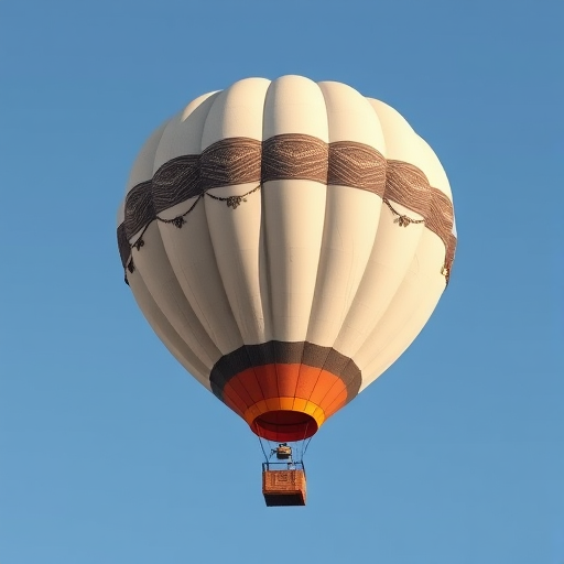 Create a high-quality 3D rendering of a vintage hot air balloon with a detailed texture and design, in a clear blue sky background, shot with a DSLR camera at f/8 aperture, 50mm lens, ISO 100, in soft natural lighting, with a slight tilt-up angle to emphasize the balloon's height.