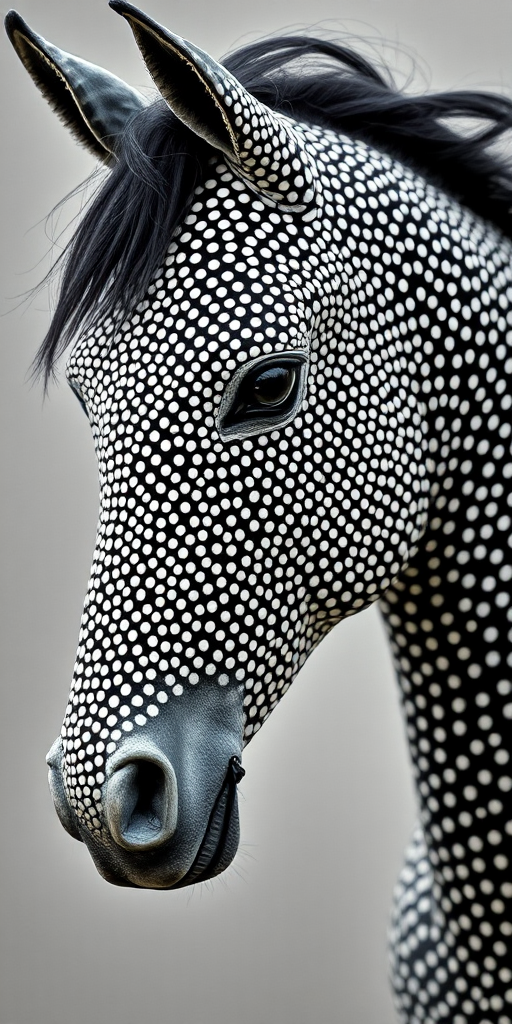 Regenerate an image of a stylized horse with intricate black and white dot patterns, shot with a Canon EOS 5D Mark IV at f/8, ISO 100, 1/250s, using a close-up view and a shallow depth of field to enhance detail and clarity.