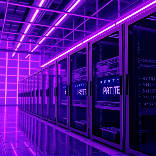 regenerate an image of a row of server racks in a futuristic digital environment with a neon purple grid background, using a DSLR camera with a 50mm lens, f/1.8 aperture, 1/125 shutter speed, ISO 100, capturing a straight-on view in high resolution with soft lighting to enhance overall image quality