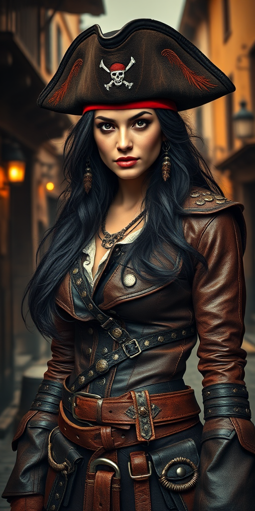 Create a portrait of a fierce female pirate. She wears a leather tricorn hat adorned with a skull and crossbones emblem, and her long, dark hair flows around her face. Her outfit consists of a richly detailed leather jacket, a corset, and multiple layers of belts and accessories, giving her a formidable and stylish appearance. She stands confidently in a dimly lit, historic port town, with a backdrop of weathered buildings and cobblestone streets, capturing the adventurous spirit of a pirate.