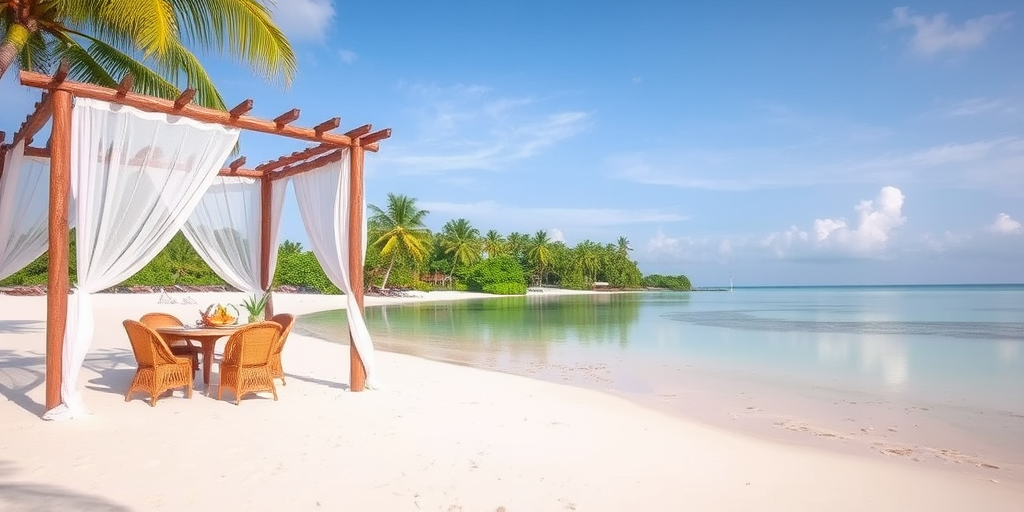 Create a picturesque tropical beach scene featuring a serene, white sandy shore. In the foreground, there's a rustic wooden canopy with white drapes gently flowing in the breeze. Underneath the canopy, a table is set with tropical decor, evoking a sense of relaxation and leisure. The beach extends into a calm, shallow water area with reflections of the sky and surroundings. Palm trees and lush greenery line the edge of the beach, providing a natural, tropical backdrop. The sky is clear with a few scattered clouds, and the overall atmosphere is tranquil and inviting, perfect for a peaceful retreat.