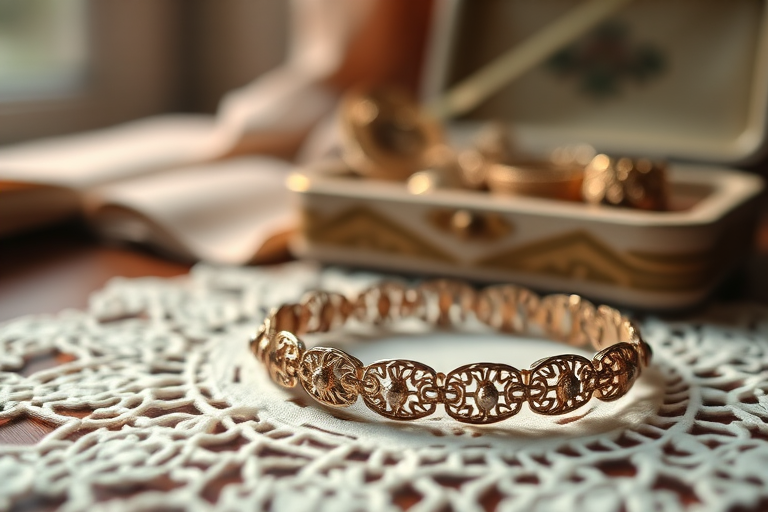 Close-up of a delicate bracelet resting on a lace doily, soft afternoon light from a nearby window illuminating the intricate details, with a vintage jewelry box softly blurred in the background.