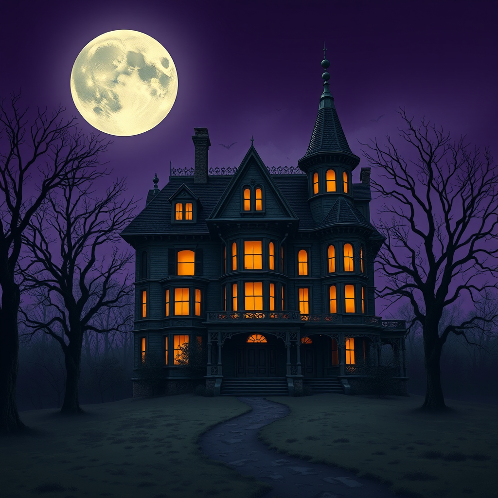 Create a highly detailed illustration of a spooky Victorian mansion under a full moon in a dark purple sky, with glowing windows and eerie trees surrounding it; use a DSLR camera with a 24mm lens, f/2.8 aperture, ISO 100, shooting at dusk for enhanced clarity and vivid colors.