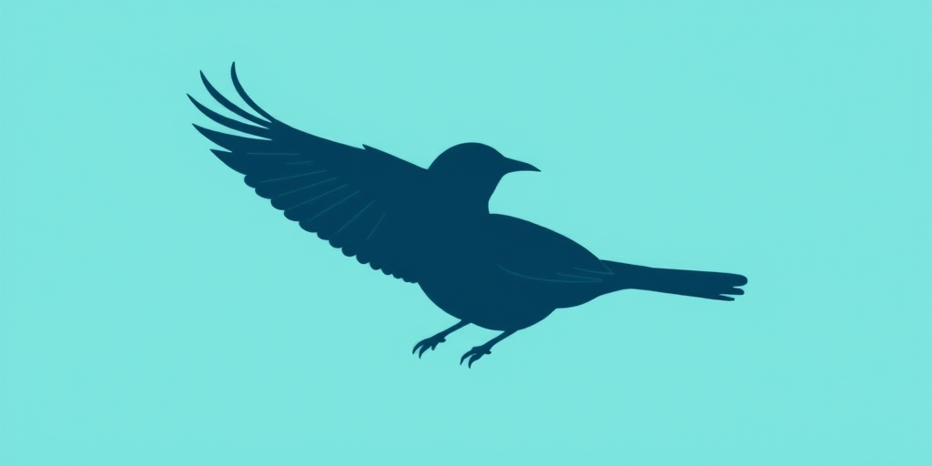 Create a detailed illustration of a stylized bird silhouette in vibrant teal against a clean, minimal background, using a DSLR camera at f/2.8 aperture, ISO 100, 50mm lens, with a side lighting setup to enhance the shape and texture of the bird.
