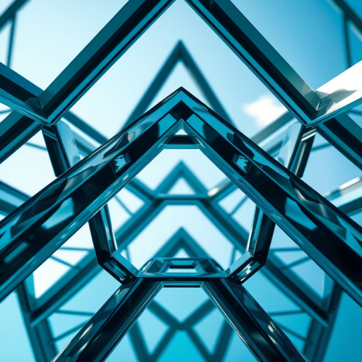 Create a high-resolution abstract image of interlocking glass-like geometric shapes with sharp angles and reflections, captured from a low angle using a DSLR camera set to f/8, ISO 100, 1/50 second shutter speed, in natural light to enhance clarity and depth.