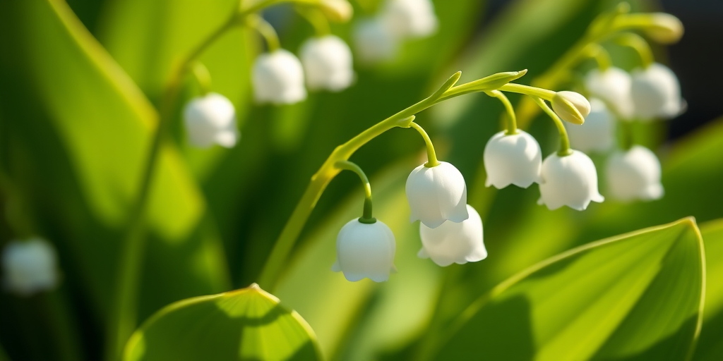 Close-up of lily of the valley flowers with lush green leaves, soft natural lighting, shallow depth of field, using a Canon EOS 5D Mark IV with a 100mm f/2.8 macro lens, f/2.8 aperture, ISO 100, and a focal length of 100mm.