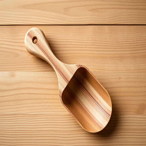 Create a highly detailed image of a wooden scoop with a smooth finish and a slightly curved handle, capture from a top-down view using a DSLR camera with a 50mm lens at f/2.8, ISO 100, and shutter speed of 1/125s, ensuring a soft background blur for emphasis on the scoop's texture.