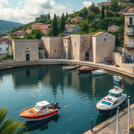 regenerate the image of a serene harbor with fishing boats moored near old stone buildings and lush greenery surrounding the area, captured with a Canon EOS R5 at f/8, ISO 100, 1/250s, utilizing a wide-angle lens from a high vantage point to enhance depth and detail