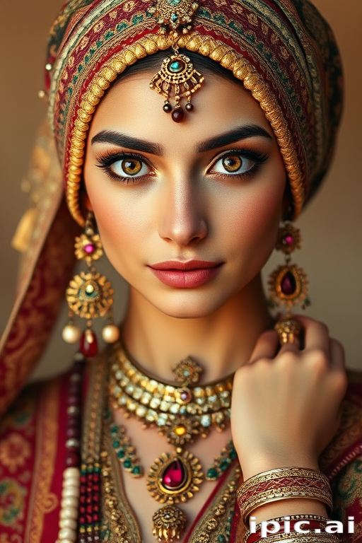Create a portrait of a beautiful woman with striking hazel eyes and a gentle expression. She is adorned in traditional attire with intricate patterns, including a richly embroidered headscarf and matching garments. Her jewelry includes a delicate headpiece, dangling earrings, and ornate bracelets, all featuring vibrant gemstones and detailed metalwork. The background is soft and warm, enhancing the rich colors of her outfit and jewelry.