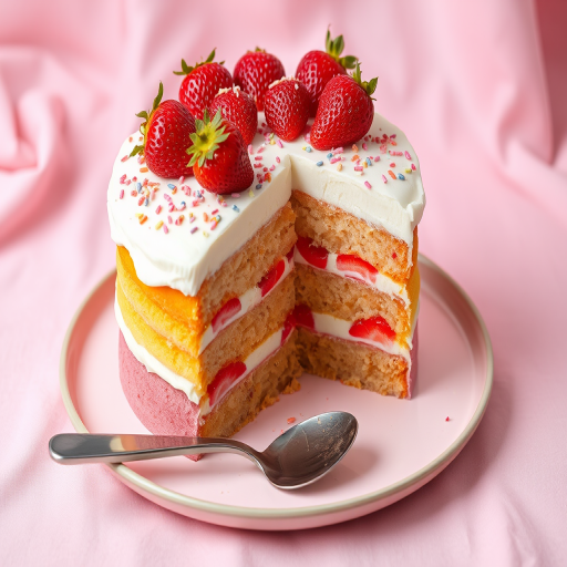 A colorful layered cake with a pink filling and white frosting topped with fresh strawberries and sprinkles on a round plate with a silver serving utensil next to it, set against a soft pink cloth backdrop.