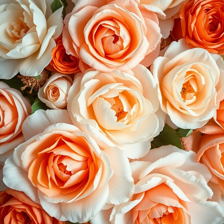 high-resolution floral pattern with peonies and roses in shades of white, peach, and deep orange, soft diffused lighting, aperture f/4, ISO 100, 50mm lens, top-down view, macro photography, DSLR camera