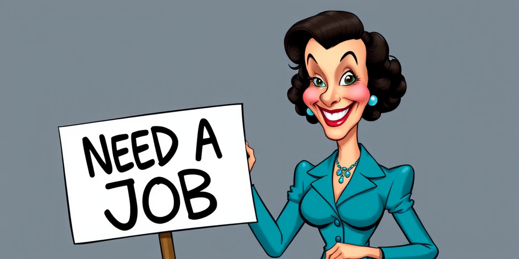 caricature of a smiling Vivien Leigh in a Cerulean dress or suit, holding up a sign that says "NEED A JOB", no watermark,