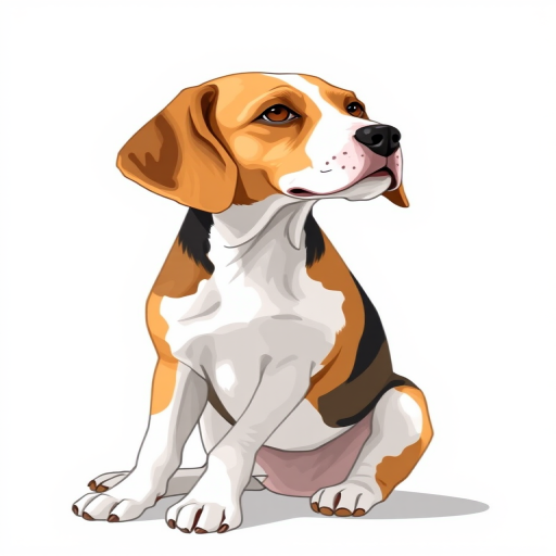 Create a high-resolution illustration of a beagle dog sitting with a side profile view, using a DSLR camera with a 50mm lens, aperture set to f/4, ISO 100, and natural lighting for enhanced detail and texture.