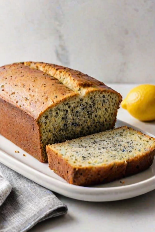 Create an image of a freshly baked lemon poppy seed loaf on a white platter. Next to it, place a slice of the loaf on a plate, with a few lemon halves scattered around. The background should be a simple, textured cloth to enhance the warm, inviting feel of the baked goods.