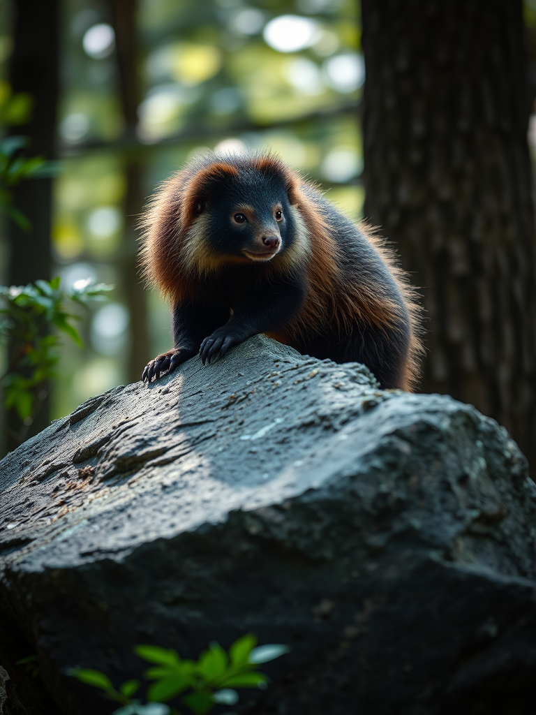 Fur-covered animal climbing a rock in a forested setting, shot with a Canon EOS R5, 85mm f/1.4 lens, ISO 200, aperture f/2.8, shutter speed 1/200 sec, natural light, shallow depth of field.