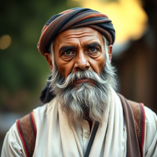 portrait of a solemn man in traditional clothing with a long beard, soft bokeh background, natural lighting, 85mm lens, f/1.4 aperture, ISO 100, shot at eye level, DSLR camera, high dynamic range settings