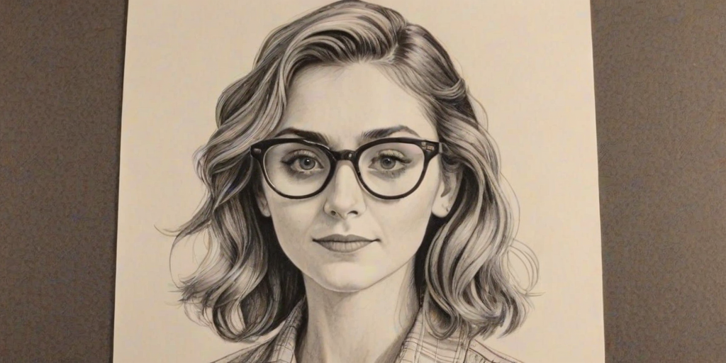 Wonderful Alyson Stoner, pencil sketch, portrait of Fetching woman 1946s in glasses, hair style beatnik, outline, clear lines, fine lines, 8k