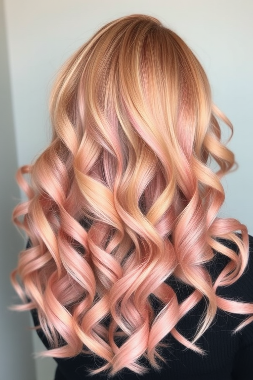 Soft rose gold hair in voluminous, bouncy curls embodies the romantic "Blush Blossom" style, featuring delicate peach and champagne highlights that add warmth and dimension to the feminine hues, creating a dreamy and ethereal look reminiscent of blooming flowers and sunset skies