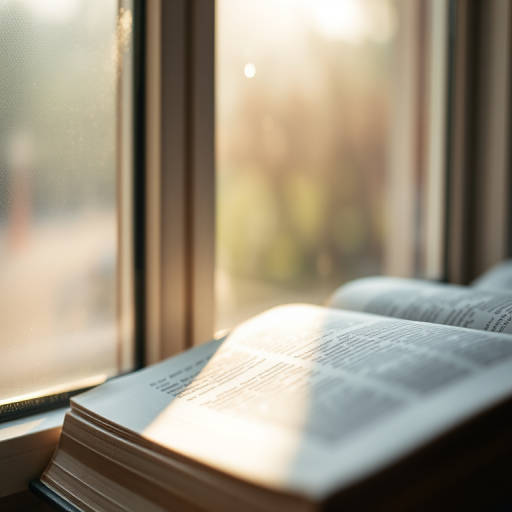 Sharp, detailed close-up of a book resting on a windowsill, soft sunlight streaming through the window, tiny dust particles visible in the air, the smell of old pages and ink lingering in the background.