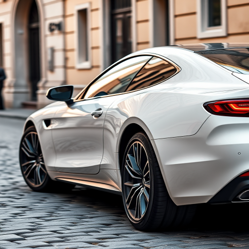 regenerate the image of a sleek white car parked on a cobblestone street, taken with a Canon EOS 5D Mark IV, 50mm lens, aperture f/2.8, shutter speed 1/200s, ISO 100, shallow depth of field for a blurred background, capturing reflections on the car's surface in soft natural light