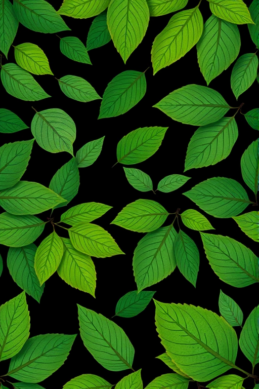 create a high-resolution seamless pattern of various green leaves on a solid black background using a 50mm lens, f/8 aperture, ISO 100, and a top-down view with natural light to enhance color vibrancy and detail