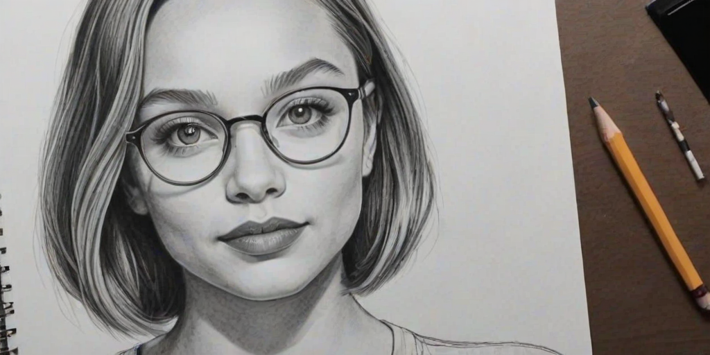 Appealing Maddie Ziegler, pencil sketch, portrait of Pleasing woman 1944s in glasses, hair style beatnik, outline, clear lines, fine lines, 8k
