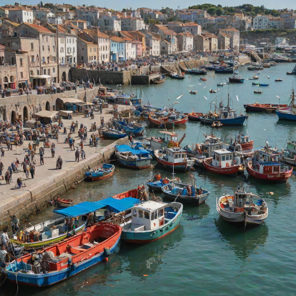 Bustling port during a sunny day, fishermen unloading their catches, colorful boats bobbing in the water, and seagulls flying overhead, creating a lively atmosphere.
