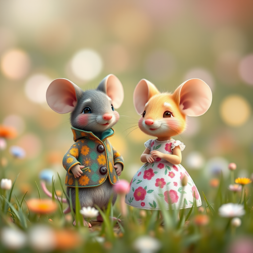 Create a whimsical illustration of two cartoon mice, one wearing a colorful patterned coat and the other in a floral dress, standing in a vibrant, colorful landscape filled with green grass and abstract pastel colors, with soft bokeh effects in the background; use a DSLR camera with a 50mm lens at f/2.8, ISO 100, and a soft focus style to enhance image quality.