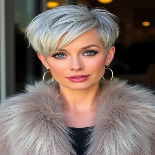 Sophisticated silver fox look with "Sterling Chic" flair boasts a textured crop and subtle highlights for distinguished appeal
