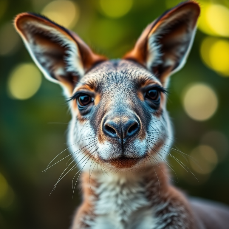 generate a close-up portrait of a kangaroo with sharp focus, soft bokeh background, 50mm lens, f/1.8 aperture, ISO 200, shutter speed 1/200s, natural lighting, DSLR camera