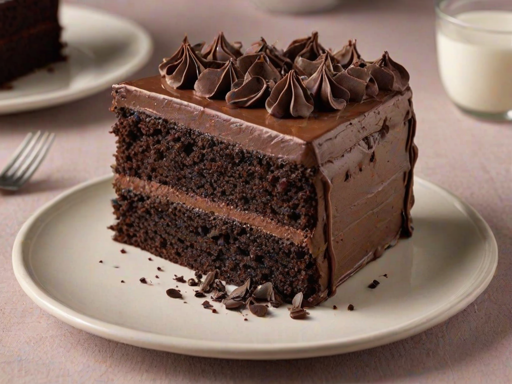Create an image of a slice of layered chocolate cake with visible chocolate frosting on top and delicate chocolate decorations. The cake should showcase alternating layers of light and dark chocolate, emphasizing its rich texture and flavor. The background should be a simple, neutral color to highlight the cake.