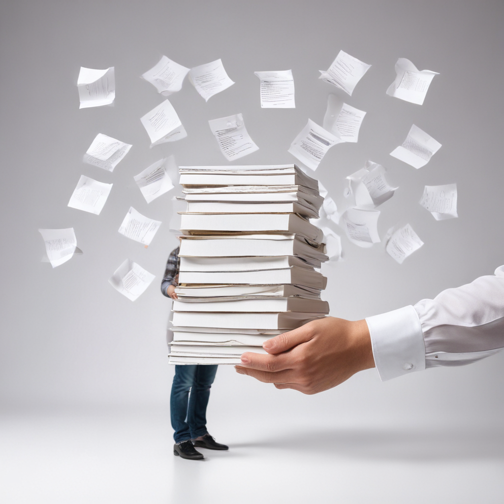 white background with an illustration of a person handle many paper ...