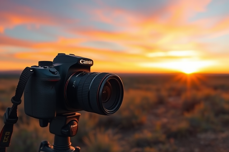 Create a highly detailed image of a serene landscape at sunset, using a DSLR camera with a 50mm lens, aperture set to f/2.8, ISO 100, and a long exposure of 1/60 second, capturing vibrant colors in the sky and rich textures in the foreground.