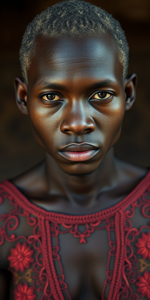 Face, shoulders, chest covered in openwork Cape Verdean embroidery. Raw, unedited image.