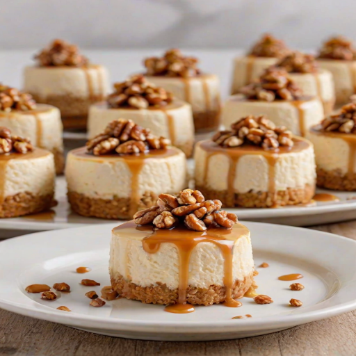 Create an image of a delicious dessert featuring individual mini cheesecakes. Each cheesecake has a smooth, creamy layer topped with a swirl of frosting. The top is drizzled with caramel sauce and garnished with chopped nuts. The base is a crumbly crust, and the presentation is on a white plate with a blurred background of more desserts.